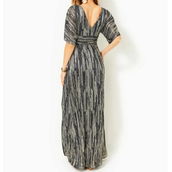 Parigi maxi dress, True Navy x Gold Metallic Rope Stripe Crinkle Knit, size M - Picture 3 of 4
